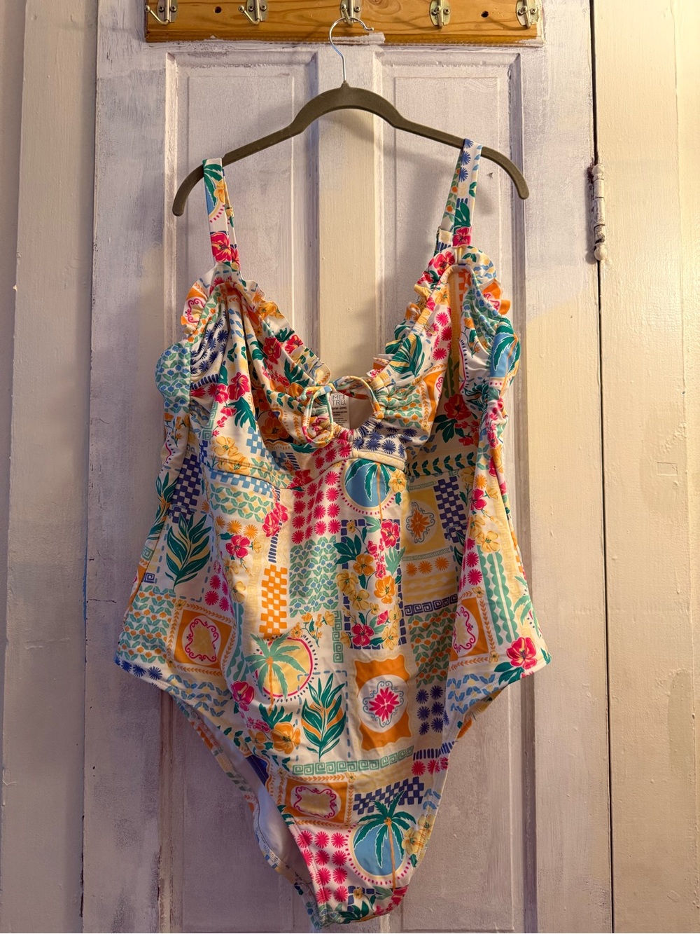 Time and Tru Colorful Patchwork Tropical One-Piece Swimsuit